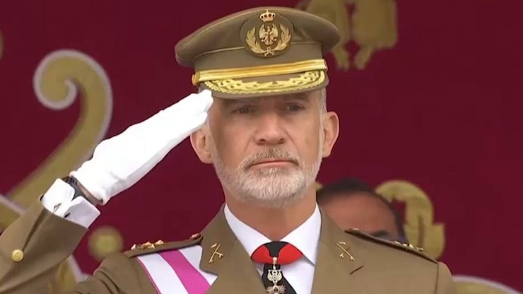 La bandiera cade davanti al re durante la festa delle forze armate spagnole: lo sguardo stupito di Felipe fa il giro del web - Tgcom24
