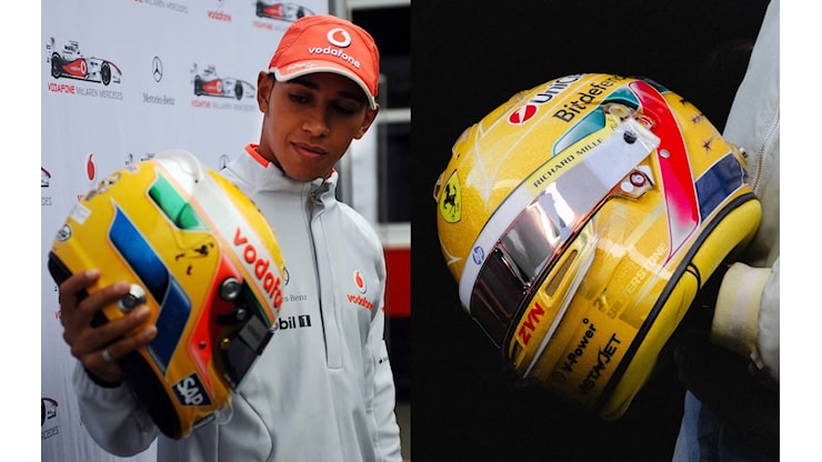 Lewis Hamilton (Ferrari), ritorno al passato: il casco speciale per il GP di Silverstone. Foto - Sky Sport